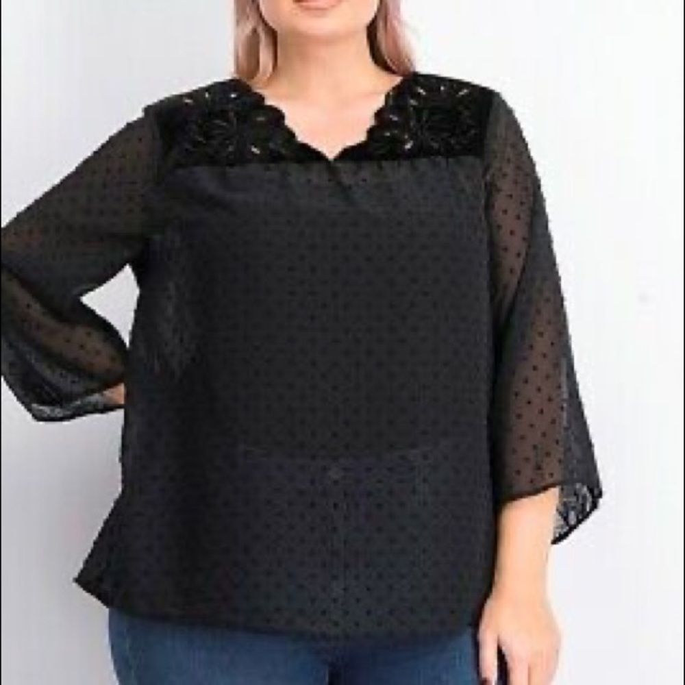 Style & Co Women's Plus Size Swiss-Dot Velvet-Yoke Top 1X NWT - Picture 2 of 11